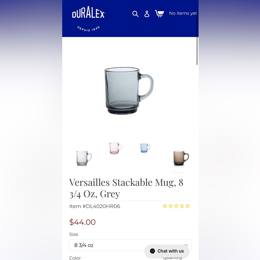 NEW Duralex Versailles Stackable 8 oz Grey Glass Mug - Can be sold as a set
